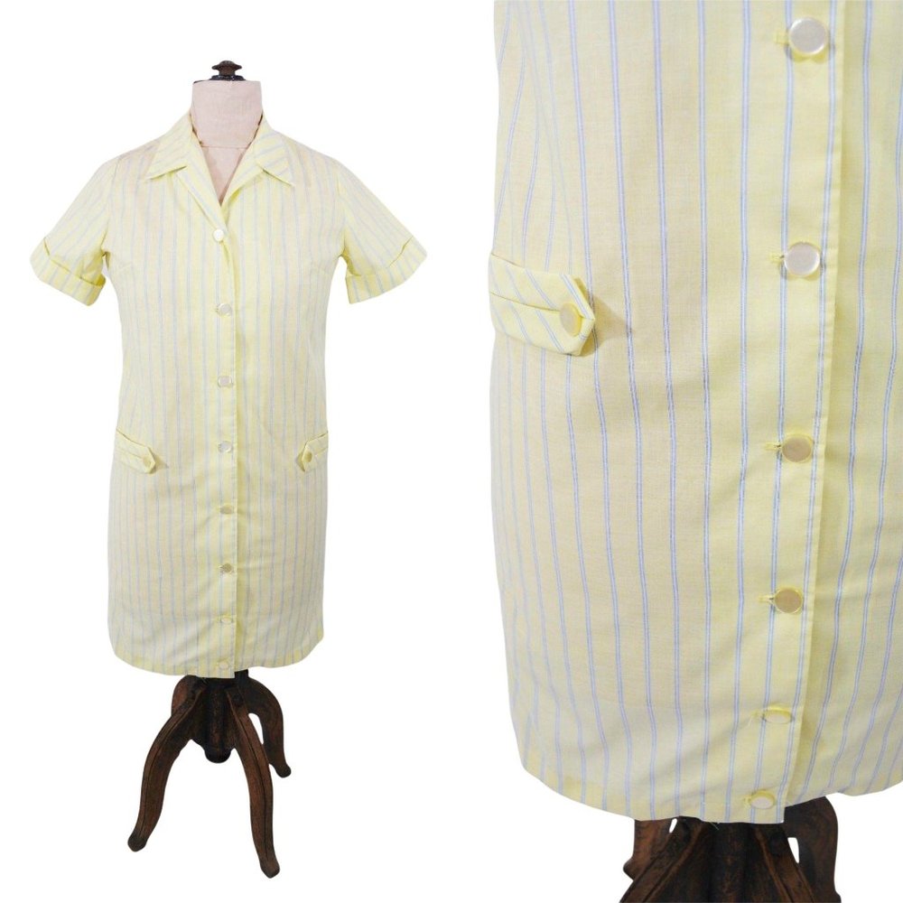 Vintage 1960s Yellow Stripe Dress Blue Mod Shift | W 40"